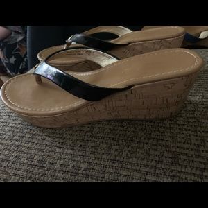 Black Patten Leather Wedge Sandals